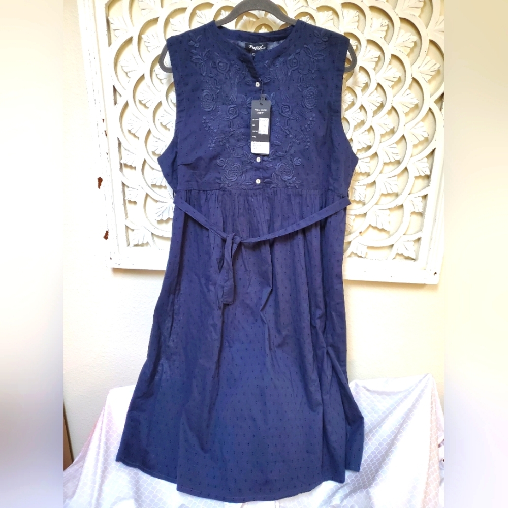Navy Embroidered Midi Dress with Tie Waist - Unbranded